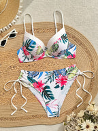 Swim Lushoire Conjunto de Maiô Feminino 2 Peças, Estampa Floral Azul & Branca, Com Aro, Alça Fina, Costas Abertas, Calcinha Cintura Alta com Design de Amarração Lateral, Adequado para Praia, Festa, Férias Casuais