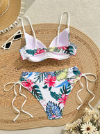 Swim Lushoire Conjunto de Maiô Feminino 2 Peças, Estampa Floral Azul & Branca, Com Aro, Alça Fina, Costas Abertas, Calcinha Cintura Alta com Design de Amarração Lateral, Adequado para Praia, Festa, Férias Casuais