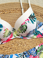 Swim Lushoire Conjunto de Maiô Feminino 2 Peças, Estampa Floral Azul & Branca, Com Aro, Alça Fina, Costas Abertas, Calcinha Cintura Alta com Design de Amarração Lateral, Adequado para Praia, Festa, Férias Casuais