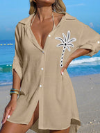 SHEIN Swim Camisa Branca Feminina com Botões de Árvore de Coco, Casual, para Férias na Praia, Kimono Cover-Up