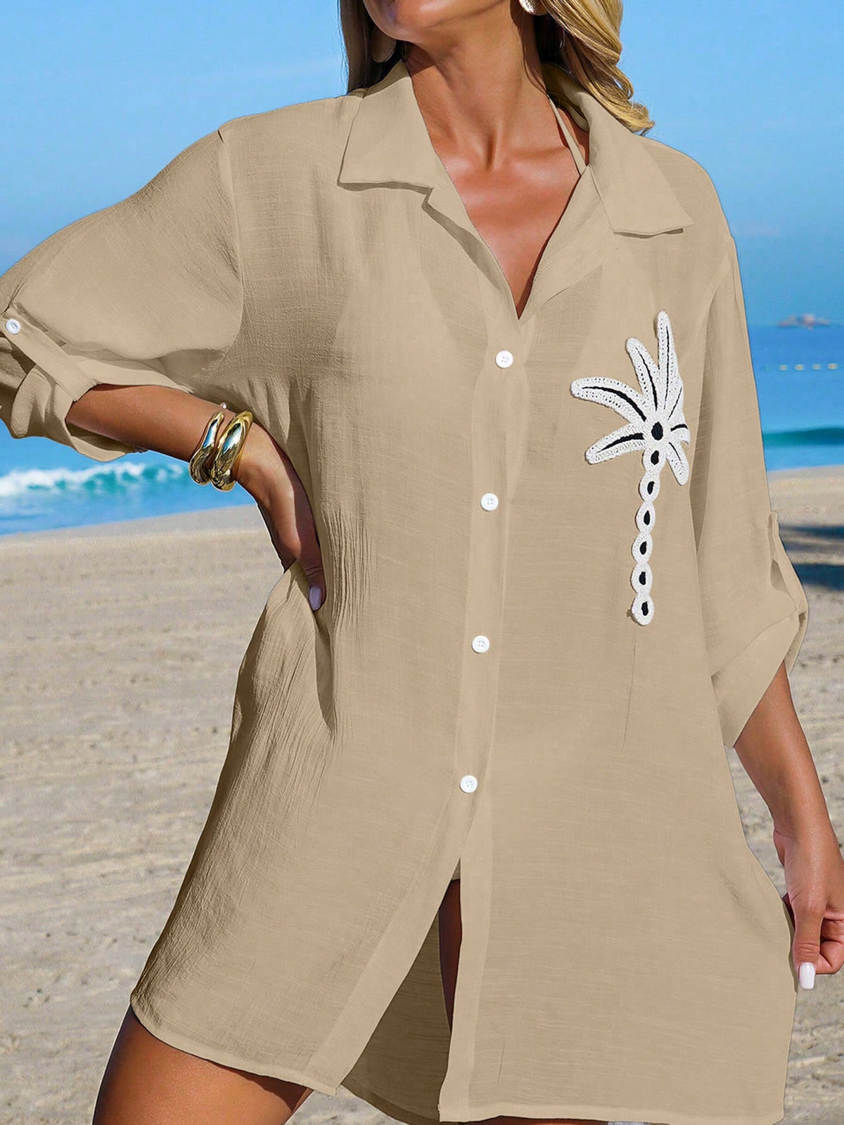 SHEIN Swim Camisa Branca Feminina com Botões de Árvore de Coco, Casual, para Férias na Praia, Kimono Cover-Up