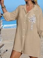 SHEIN Swim Camisa Branca Feminina com Botões de Árvore de Coco, Casual, para Férias na Praia, Kimono Cover-Up