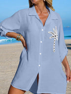 SHEIN Swim Camisa Branca Feminina com Botões de Árvore de Coco, Casual, para Férias na Praia, Kimono Cover-Up