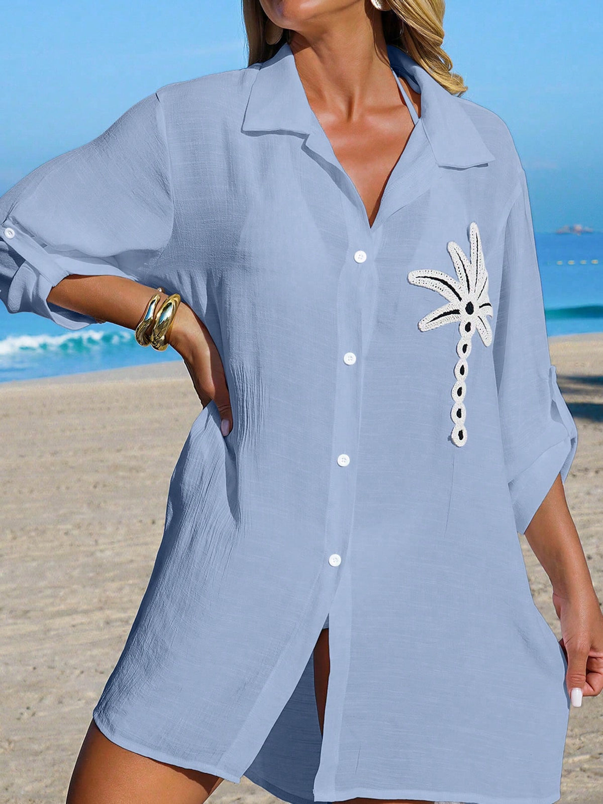 SHEIN Swim Camisa Branca Feminina com Botões de Árvore de Coco, Casual, para Férias na Praia, Kimono Cover-Up