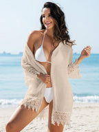 SHEIN Swim Quimono Feminino de Cobertura com Recorte de Renda, de Cor Sólida, para Praia e Férias