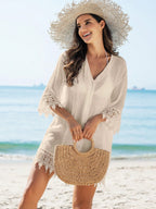 SHEIN Swim Quimono Feminino de Cobertura com Recorte de Renda, de Cor Sólida, para Praia e Férias
