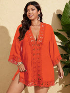 SHEIN Swim Curve Vestido de Praia Casual com Decote em V Profundo, Recortes em Renda, Para Mulheres Plus Size