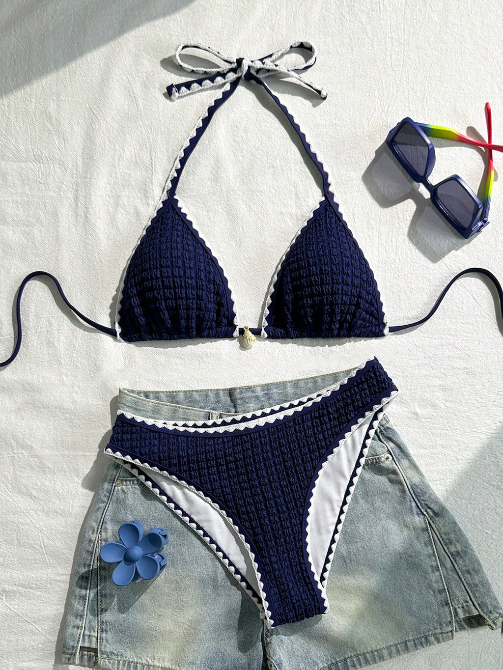 Swim Vcay Conjunto de Maiô Bikini Feminino, Tecido Especial com Design de Alça, Amarração e Costas Abertas, 2 Peças Conjunto de Praia para Férias de Verão