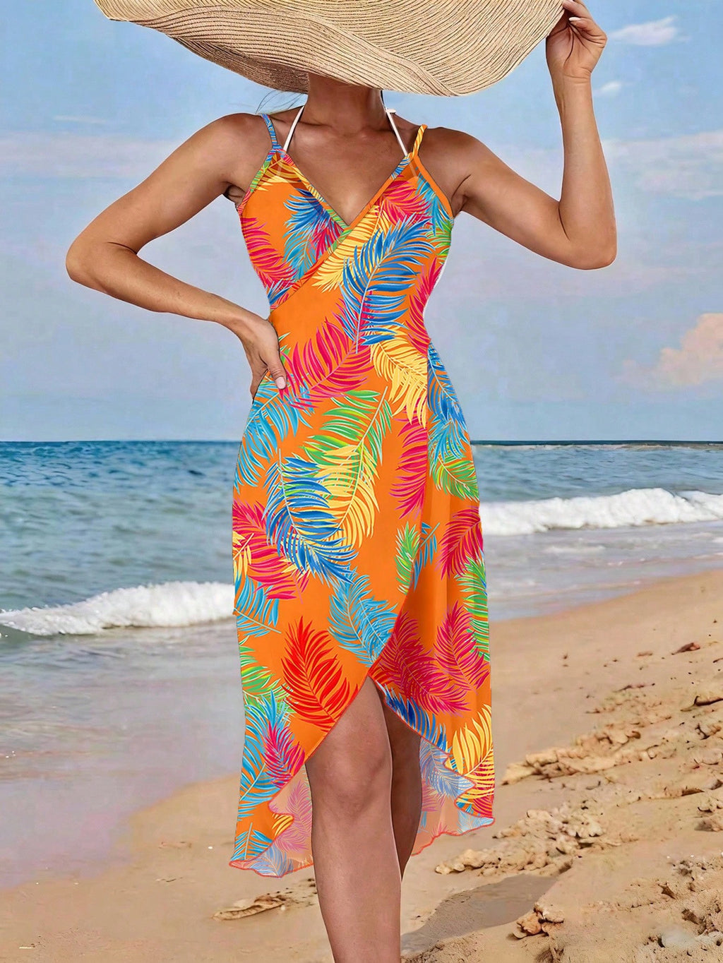 SHEIN Swim Vestidos de Praia para Mulheres, Cobertura de Praia com Estampa de Plantas Tropicais para Verão
