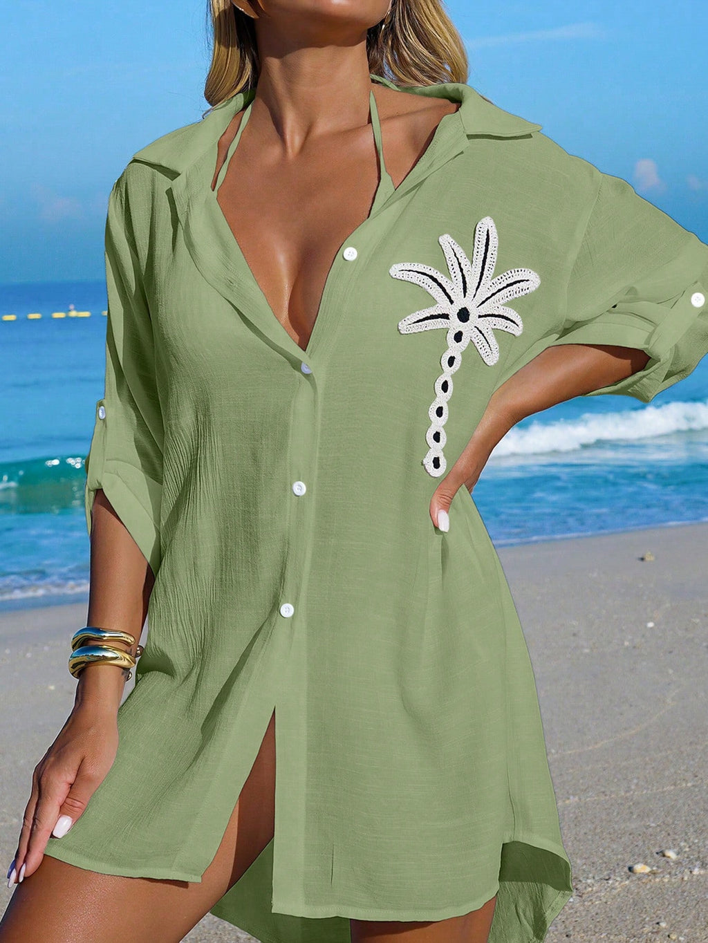 SHEIN Swim Camisa Branca Feminina com Botões de Árvore de Coco, Casual, para Férias na Praia, Kimono Cover-Up