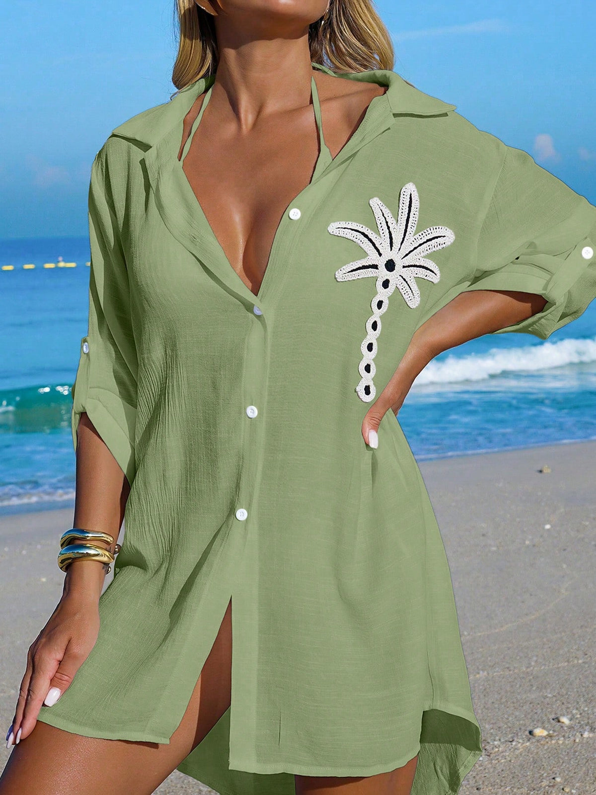 SHEIN Swim Camisa Branca Feminina com Botões de Árvore de Coco, Casual, para Férias na Praia, Kimono Cover-Up