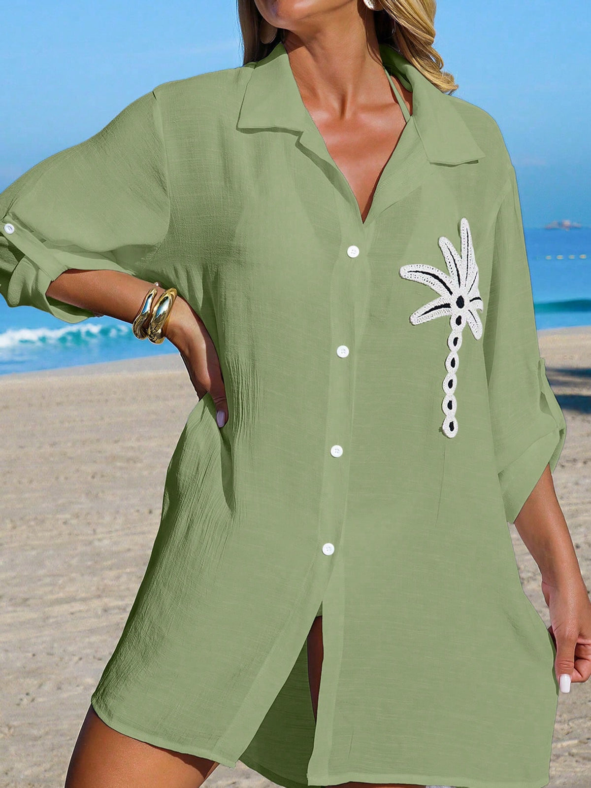 SHEIN Swim Camisa Branca Feminina com Botões de Árvore de Coco, Casual, para Férias na Praia, Kimono Cover-Up
