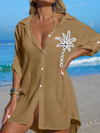 SHEIN Swim Camisa Branca Feminina com Botões de Árvore de Coco, Casual, para Férias na Praia, Kimono Cover-Up