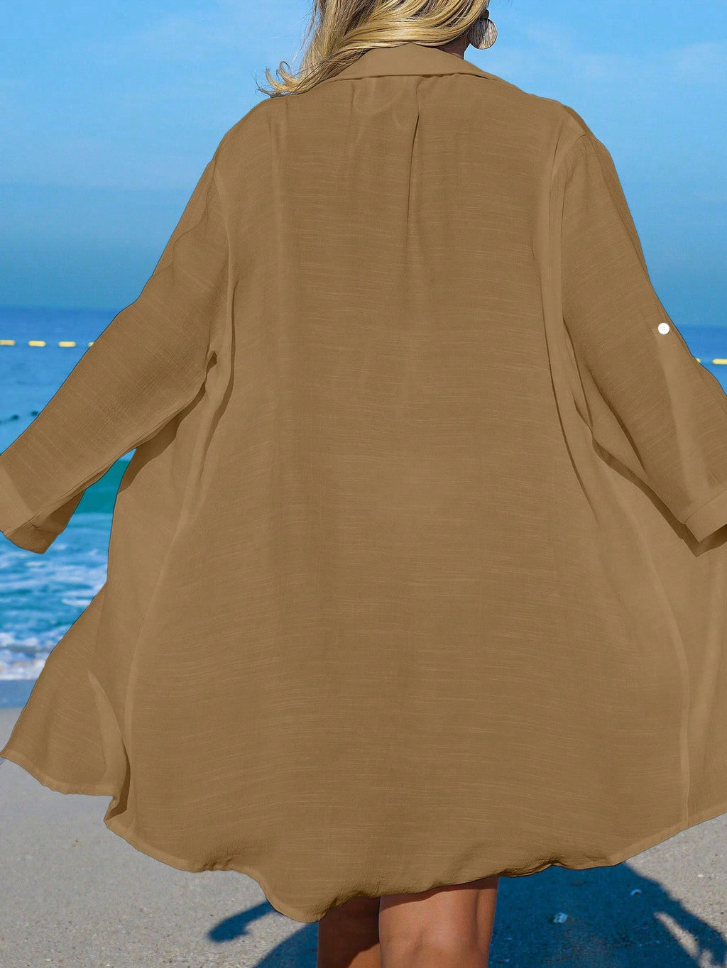 SHEIN Swim Camisa Branca Feminina com Botões de Árvore de Coco, Casual, para Férias na Praia, Kimono Cover-Up