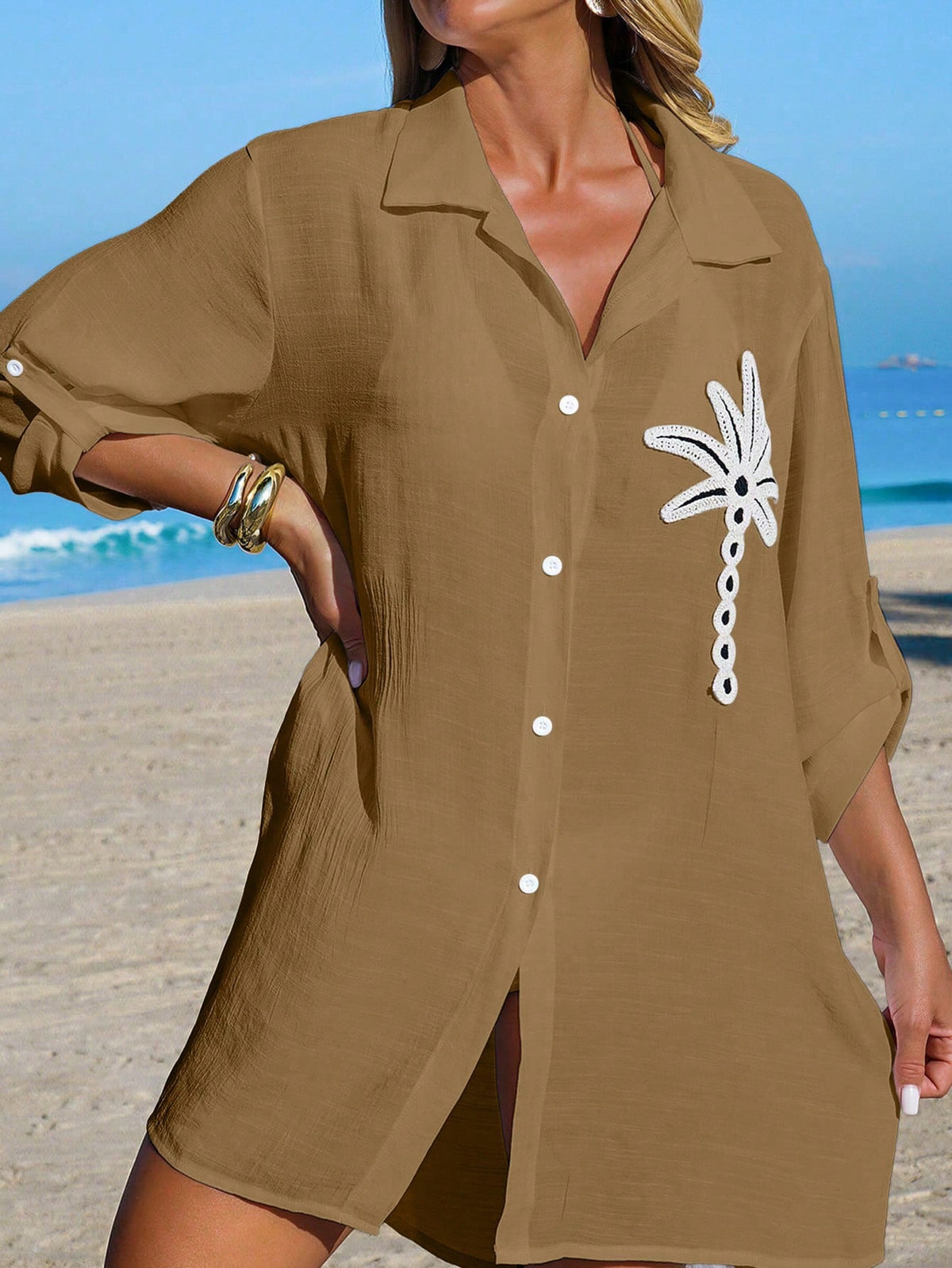 SHEIN Swim Camisa Branca Feminina com Botões de Árvore de Coco, Casual, para Férias na Praia, Kimono Cover-Up