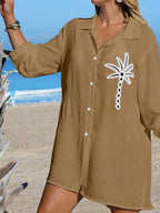 SHEIN Swim Camisa Branca Feminina com Botões de Árvore de Coco, Casual, para Férias na Praia, Kimono Cover-Up