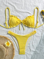 Swim Mod Conjunto de Maiô Bikini de 2 Peças com Tecido Texturizado, Babado, Laço na Frente, Cordão na Cintura, Fofo, Doce, Fashion, Animado para Festa