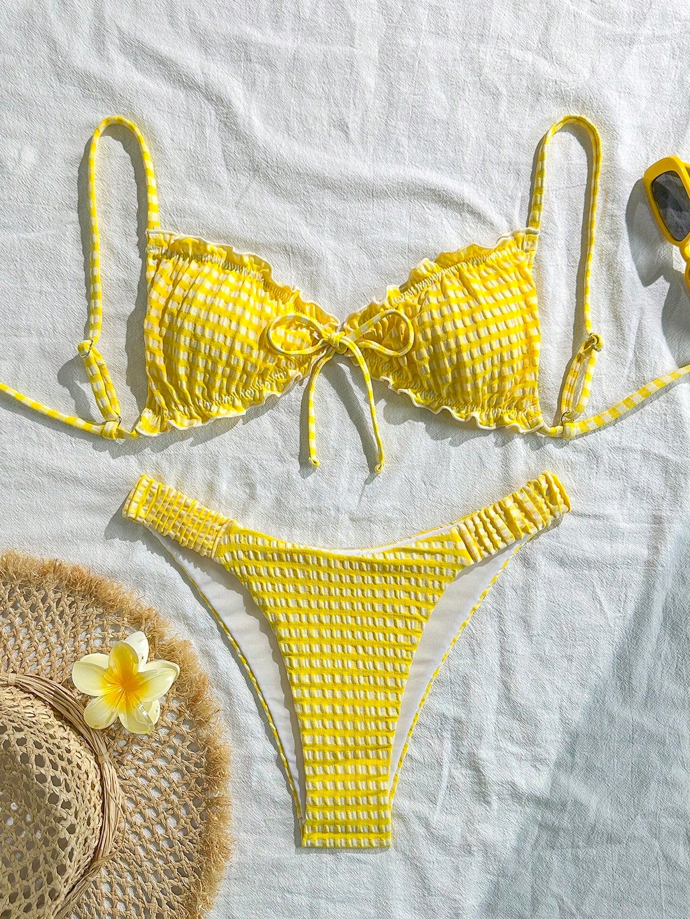 Swim Mod Conjunto de Maiô Bikini de 2 Peças com Tecido Texturizado, Babado, Laço na Frente, Cordão na Cintura, Fofo, Doce, Fashion, Animado para Festa