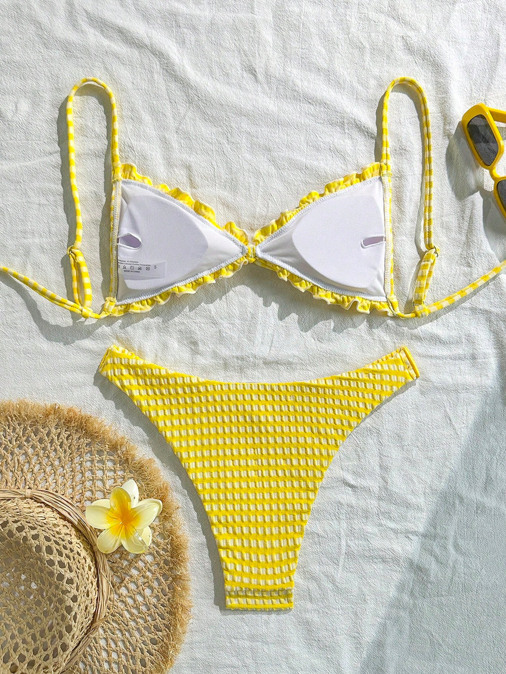 Swim Mod Conjunto de Maiô Bikini de 2 Peças com Tecido Texturizado, Babado, Laço na Frente, Cordão na Cintura, Fofo, Doce, Fashion, Animado para Festa