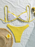 Swim Mod Conjunto de Maiô Bikini de 2 Peças com Tecido Texturizado, Babado, Laço na Frente, Cordão na Cintura, Fofo, Doce, Fashion, Animado para Festa