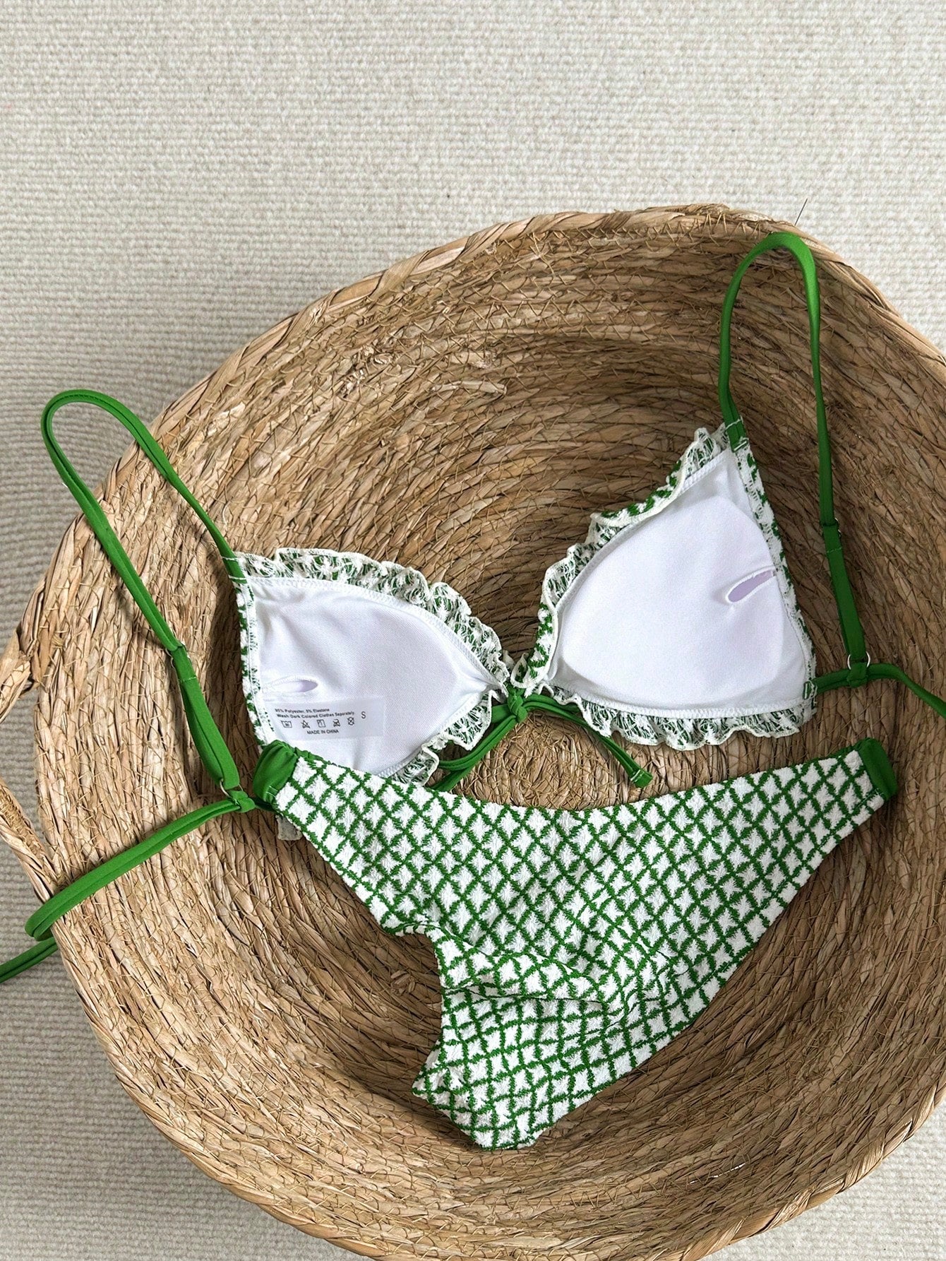 Swim Mod Conjunto de Maiô Bikini de 2 Peças com Tecido Texturizado, Babado, Laço na Frente, Cordão na Cintura, Fofo, Doce, Fashion, Animado para Festa
