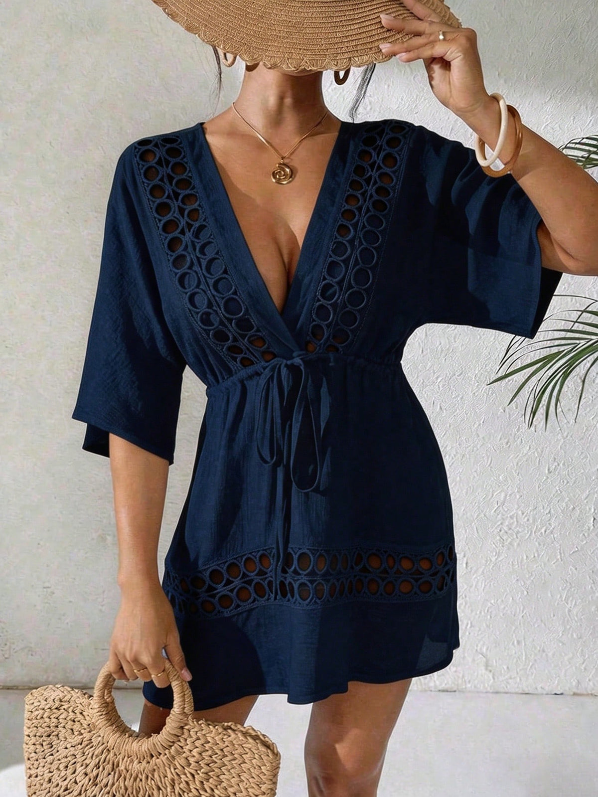 SHEIN Swim Capa Casual com Decote em V Profundo Preto Feminina, Primavera/Verão