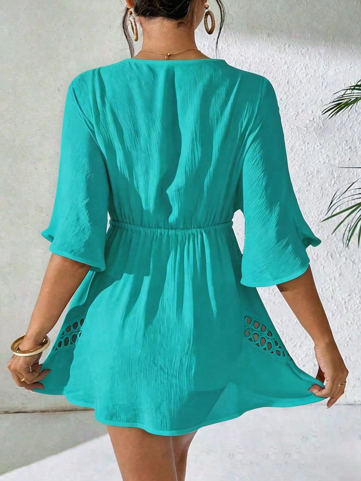 SHEIN Swim Capa Casual com Decote em V Profundo Preto Feminina, Primavera/Verão