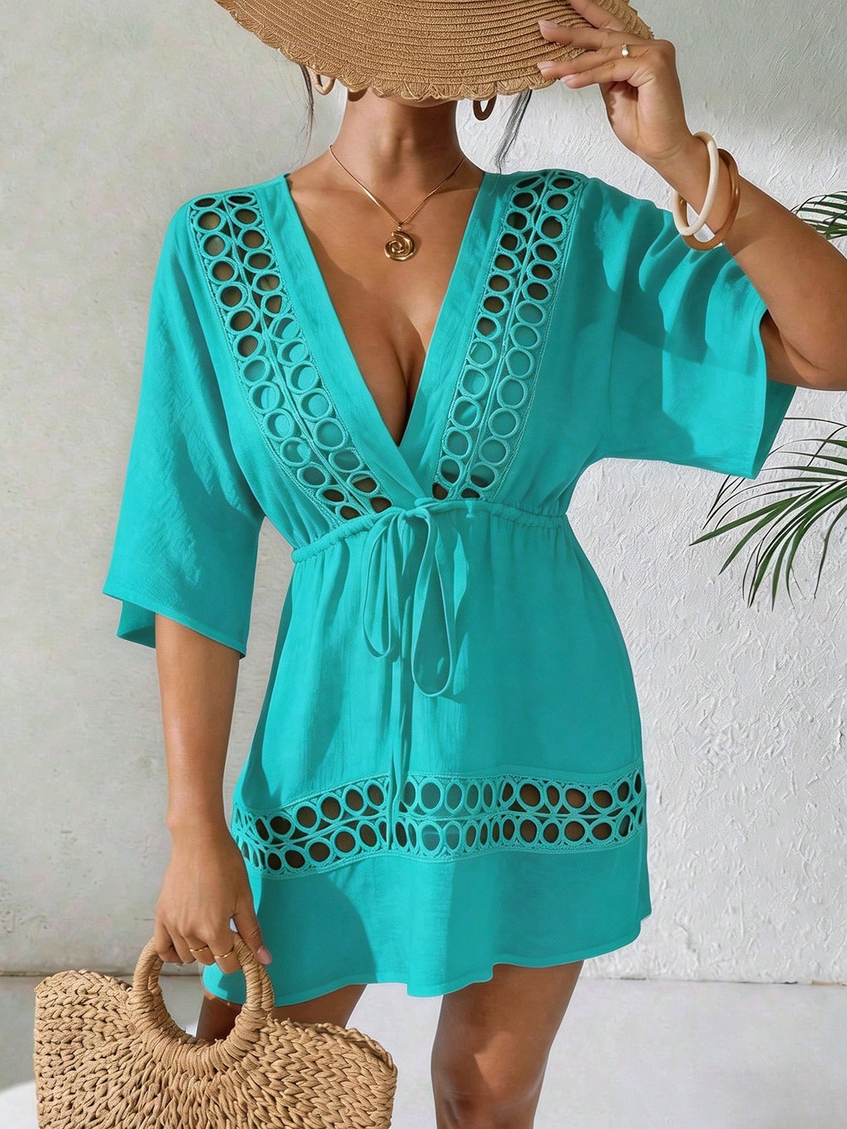 SHEIN Swim Capa Casual com Decote em V Profundo Preto Feminina, Primavera/Verão