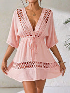 SHEIN Swim Capa Casual com Decote em V Profundo Preto Feminina, Primavera/Verão