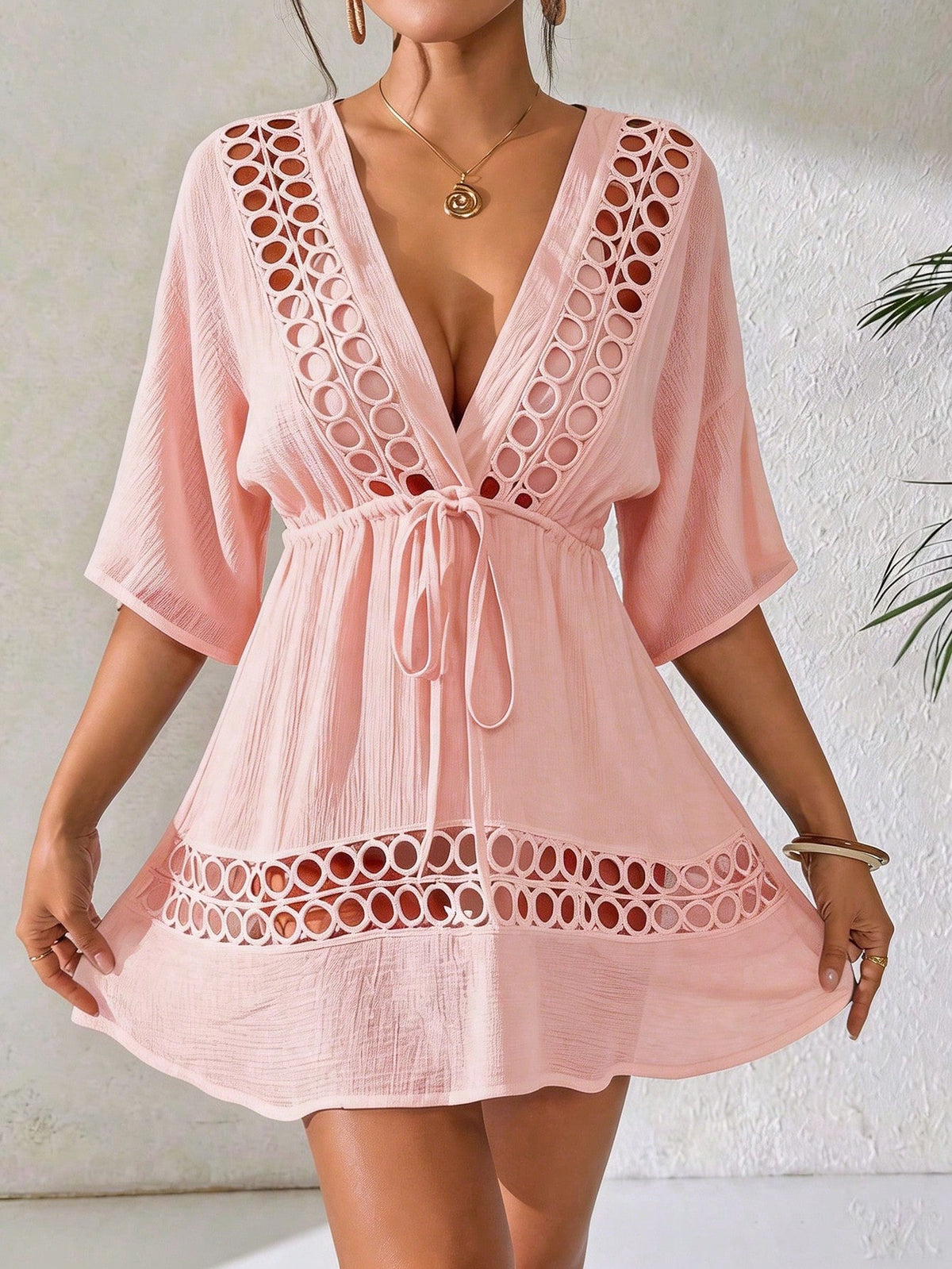 SHEIN Swim Capa Casual com Decote em V Profundo Preto Feminina, Primavera/Verão
