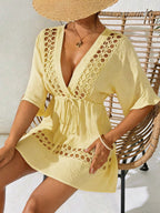 SHEIN Swim Capa Casual com Decote em V Profundo Preto Feminina, Primavera/Verão