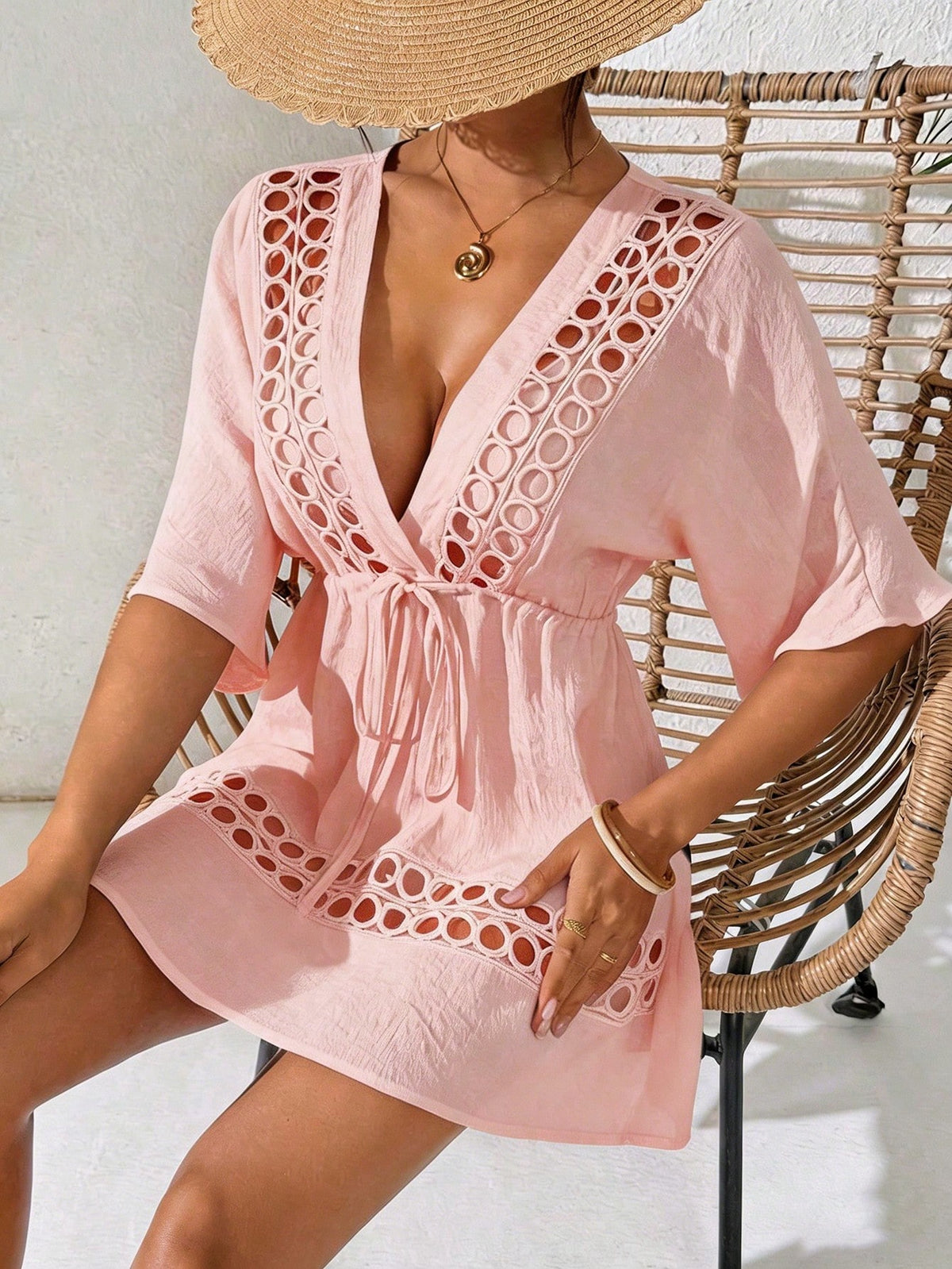SHEIN Swim Capa Casual com Decote em V Profundo Preto Feminina, Primavera/Verão