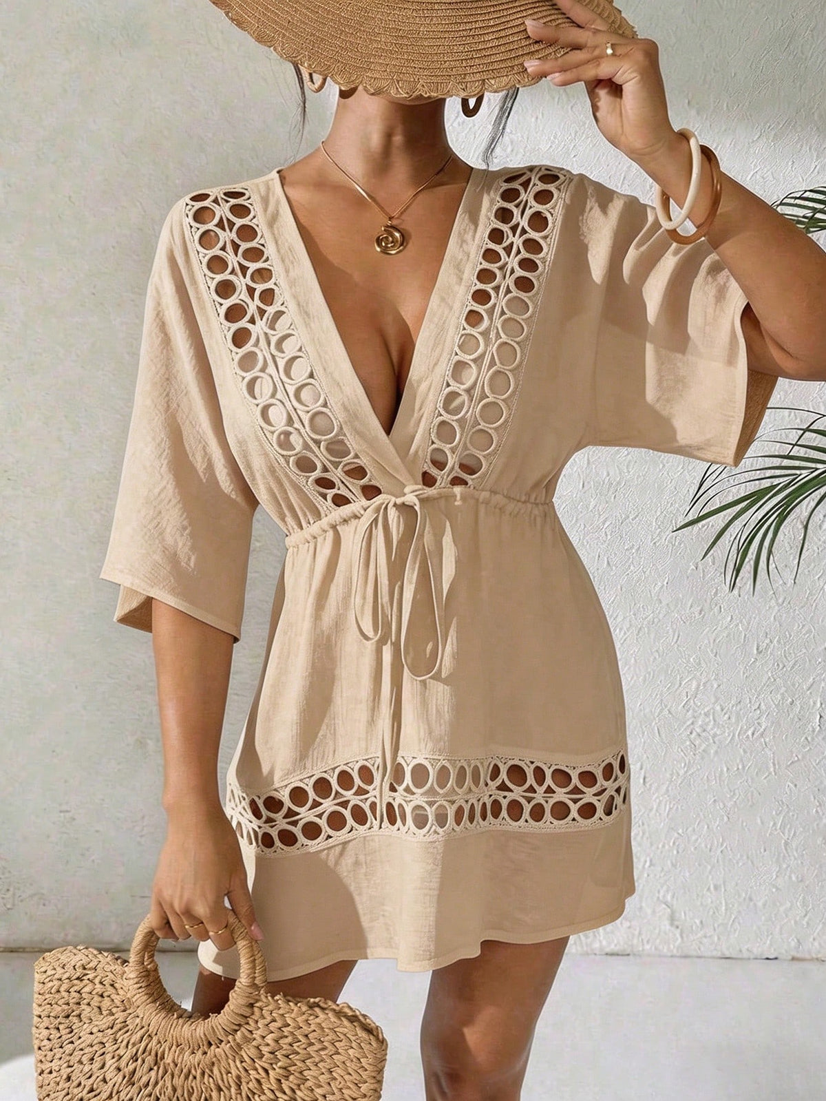 SHEIN Swim Capa Casual com Decote em V Profundo Preto Feminina, Primavera/Verão