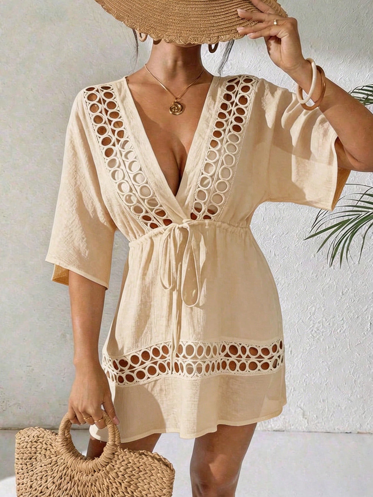 SHEIN Swim Capa Casual com Decote em V Profundo Preto Feminina, Primavera/Verão