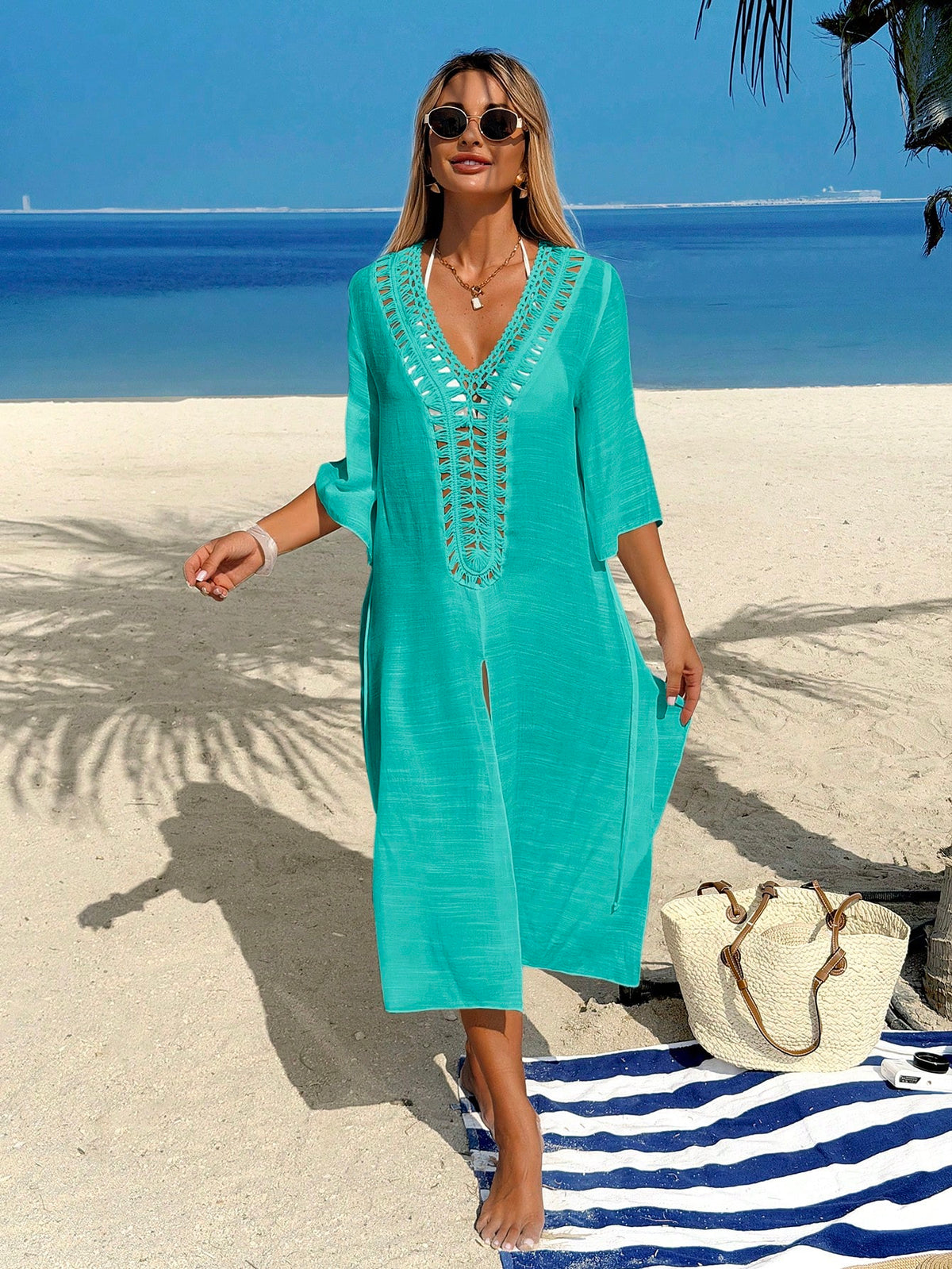 Swim Vcay Vestido de Férias com Decote V, Recorte em Crochê, Amarração na Cintura e Bainha Dividida, com Cobertura de Maiô Bikini para Mulheres