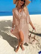 Swim Vcay Vestido de Férias com Decote V, Recorte em Crochê, Amarração na Cintura e Bainha Dividida, com Cobertura de Maiô Bikini para Mulheres