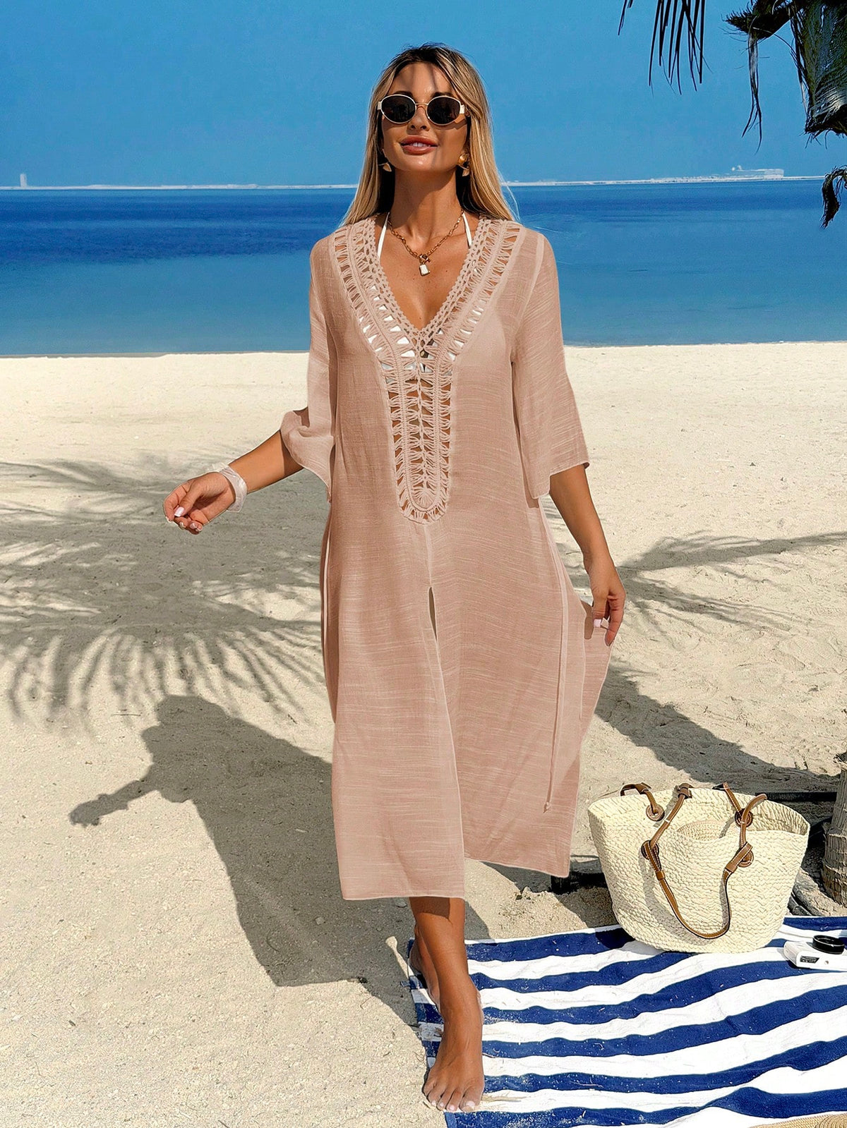 Swim Vcay Vestido de Férias com Decote V, Recorte em Crochê, Amarração na Cintura e Bainha Dividida, com Cobertura de Maiô Bikini para Mulheres