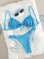 Swim Mod Conjunto de Maiô Bikini de 2 Peças com Tecido Texturizado, Babado, Laço na Frente, Cordão na Cintura, Fofo, Doce, Fashion, Animado para Festa