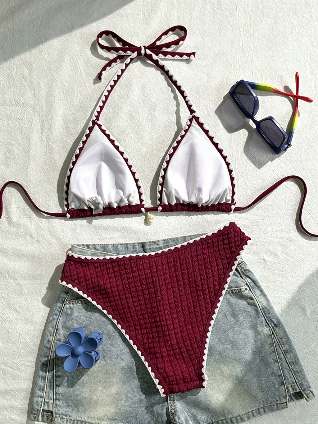 Swim Vcay Conjunto de Maiô Bikini Feminino, Tecido Especial com Design de Alça, Amarração e Costas Abertas, 2 Peças Conjunto de Praia para Férias de Verão