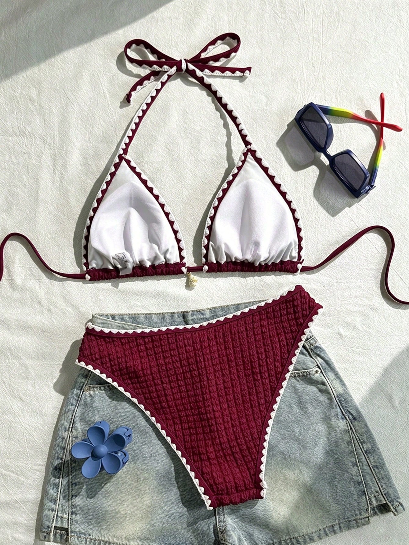Swim Vcay Conjunto de Maiô Bikini Feminino, Tecido Especial com Design de Alça, Amarração e Costas Abertas, 2 Peças Conjunto de Praia para Férias de Verão