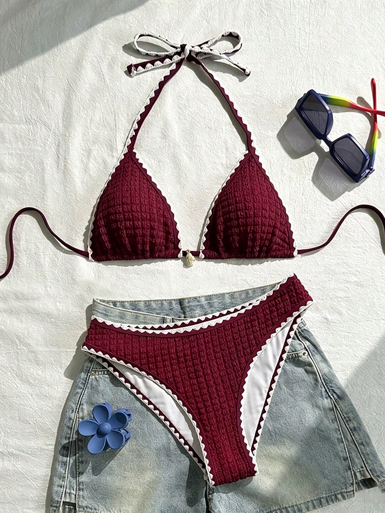 Swim Vcay Conjunto de Maiô Bikini Feminino, Tecido Especial com Design de Alça, Amarração e Costas Abertas, 2 Peças Conjunto de Praia para Férias de Verão