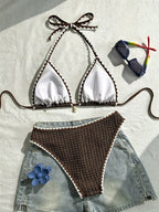 Swim Vcay Conjunto de Maiô Bikini Feminino, Tecido Especial com Design de Alça, Amarração e Costas Abertas, 2 Peças Conjunto de Praia para Férias de Verão