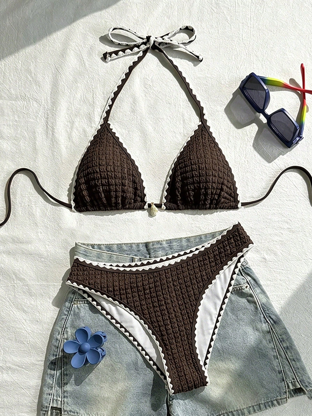 Swim Vcay Conjunto de Maiô Bikini Feminino, Tecido Especial com Design de Alça, Amarração e Costas Abertas, 2 Peças Conjunto de Praia para Férias de Verão