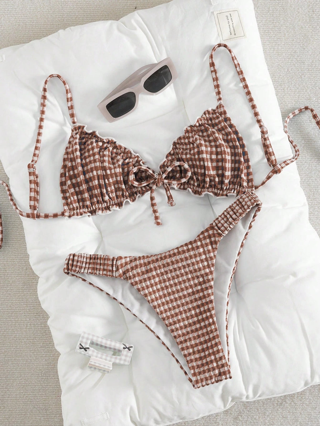 Swim Mod Conjunto de Maiô Bikini de 2 Peças com Tecido Texturizado, Babado, Laço na Frente, Cordão na Cintura, Fofo, Doce, Fashion, Animado para Festa