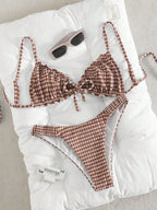 Swim Mod Conjunto de Maiô Bikini de 2 Peças com Tecido Texturizado, Babado, Laço na Frente, Cordão na Cintura, Fofo, Doce, Fashion, Animado para Festa
