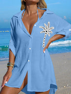 SHEIN Swim Camisa Branca Feminina com Botões de Árvore de Coco, Casual, para Férias na Praia, Kimono Cover-Up