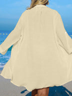 SHEIN Swim Camisa Branca Feminina com Botões de Árvore de Coco, Casual, para Férias na Praia, Kimono Cover-Up