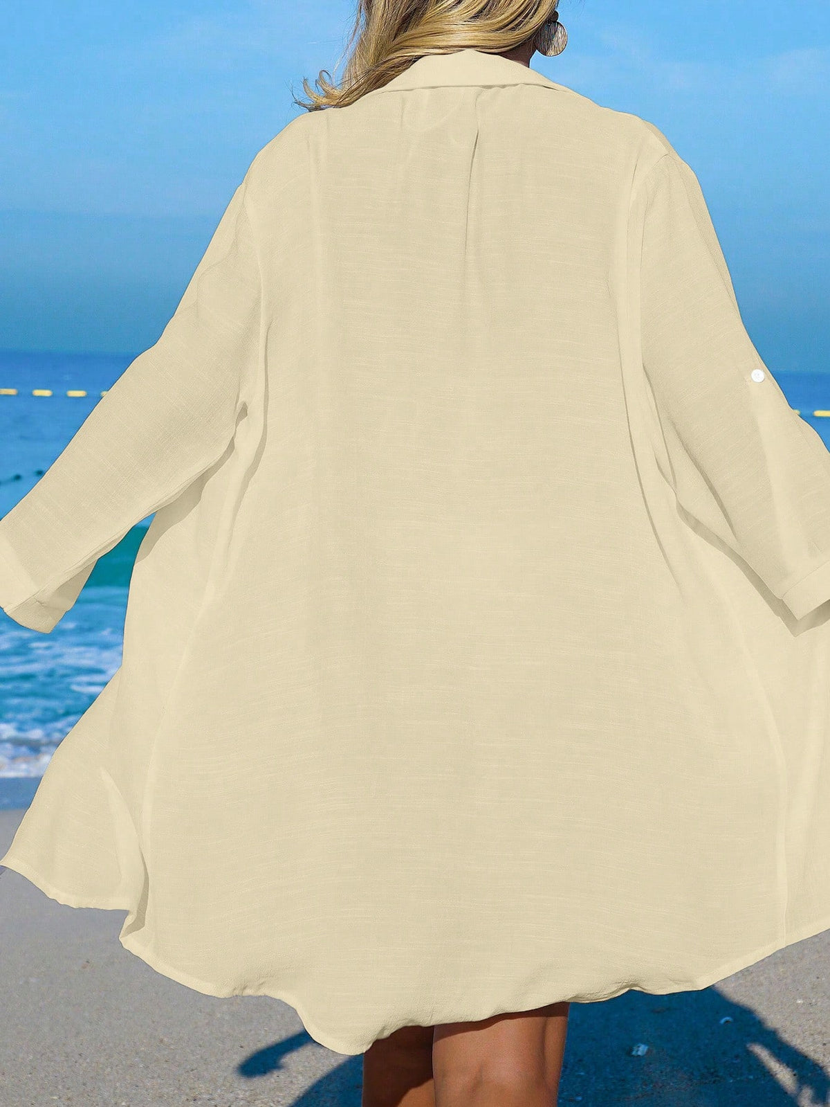 SHEIN Swim Camisa Branca Feminina com Botões de Árvore de Coco, Casual, para Férias na Praia, Kimono Cover-Up