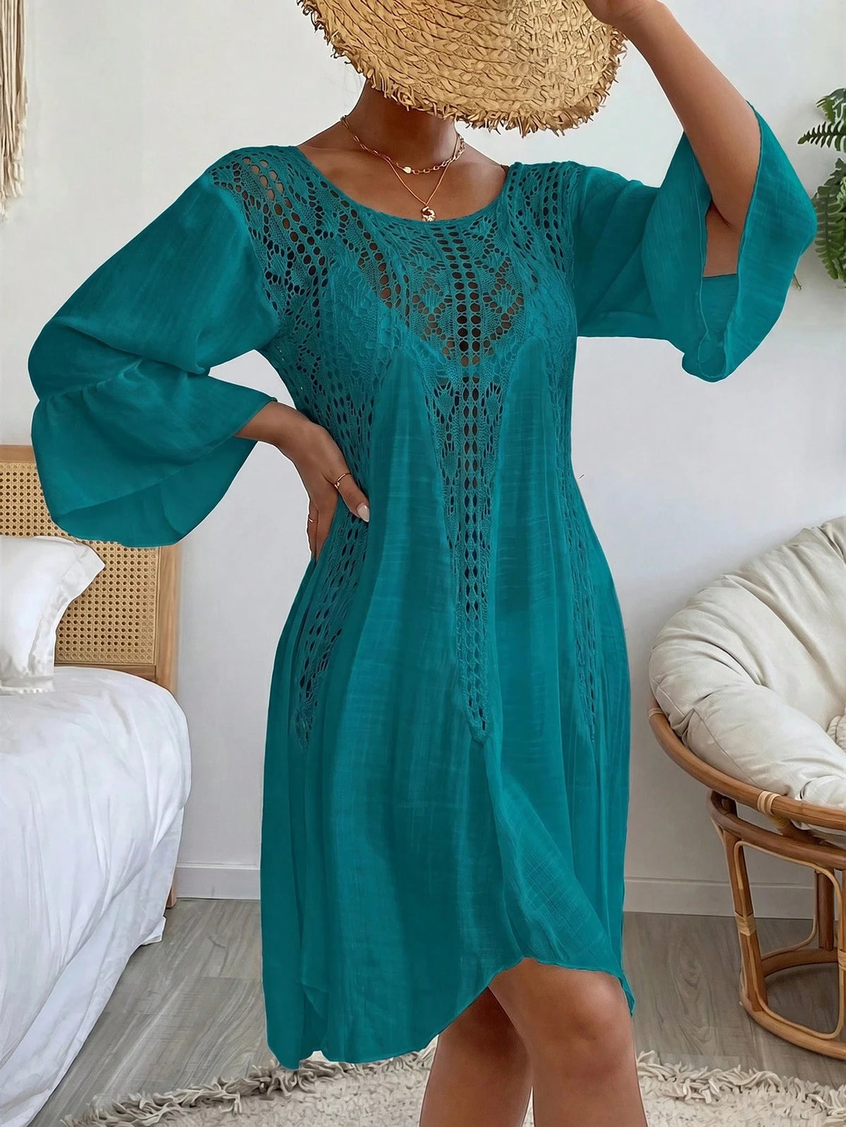 Swim Vcay Crochê Contraste Manga De Encampanada Vestido De Cobertura