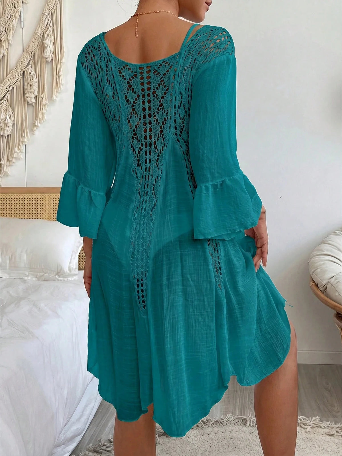 Swim Vcay Crochê Contraste Manga De Encampanada Vestido De Cobertura